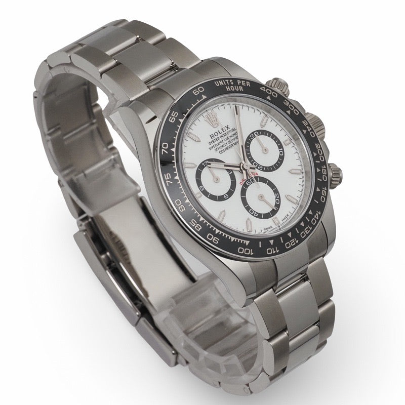 Rolex Daytona 126500LN, with 2026 warranty, white stainless steel.