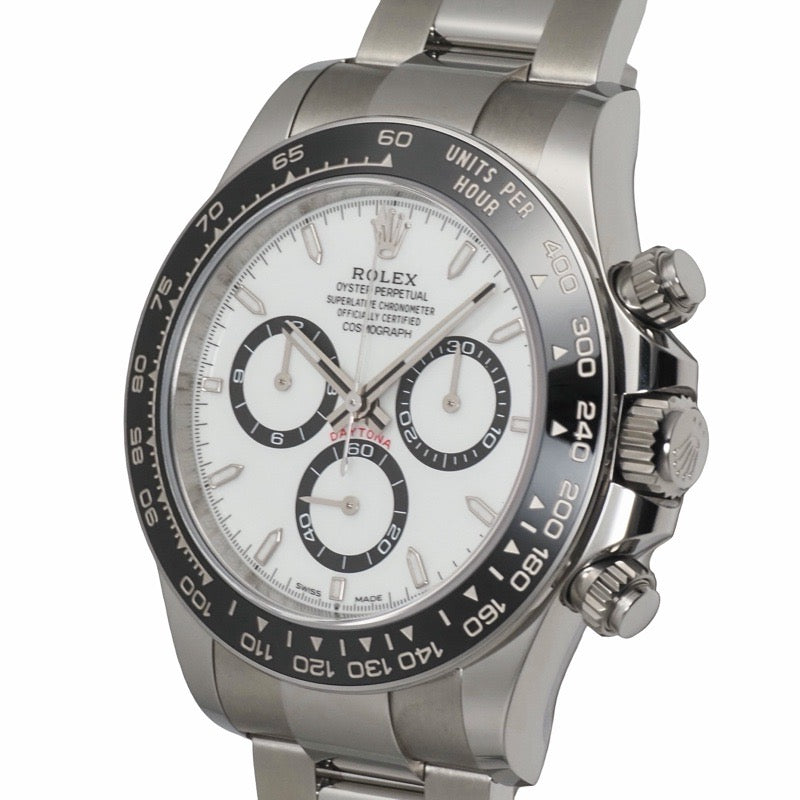 Rolex Daytona 126500LN, with 2026 warranty, white stainless steel.