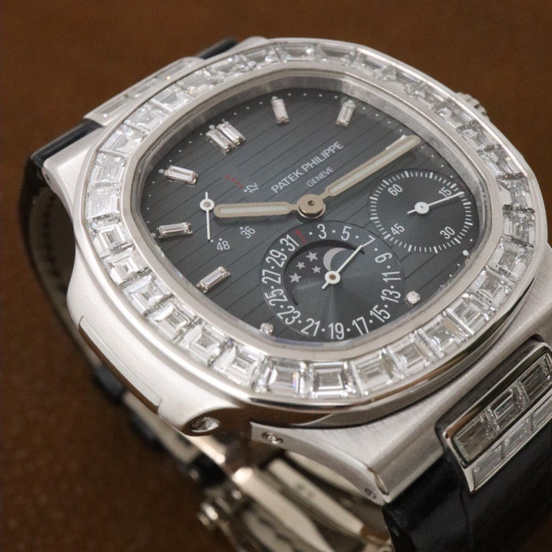 Patek Philippe 5724G-001 Nautilus Petite Complication with Baguette Diamonds in Blue and White Gold